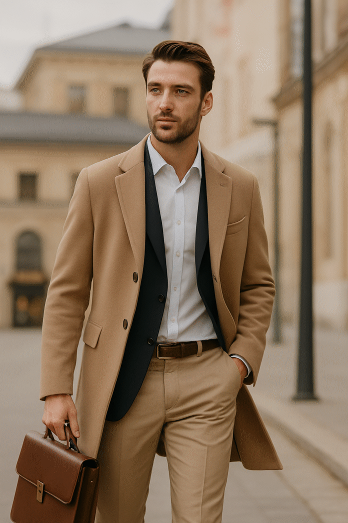 Man in camel coat walking with leather briefcase, silent luxury style