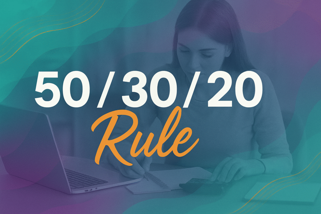 50/30/20 rule budgeting concept with woman working on laptop and calculator, abstract financial background