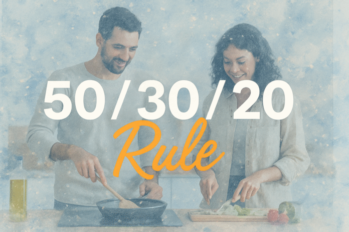 50/30/20 rule budgeting concept with couple cooking, snowflake abstract painting background