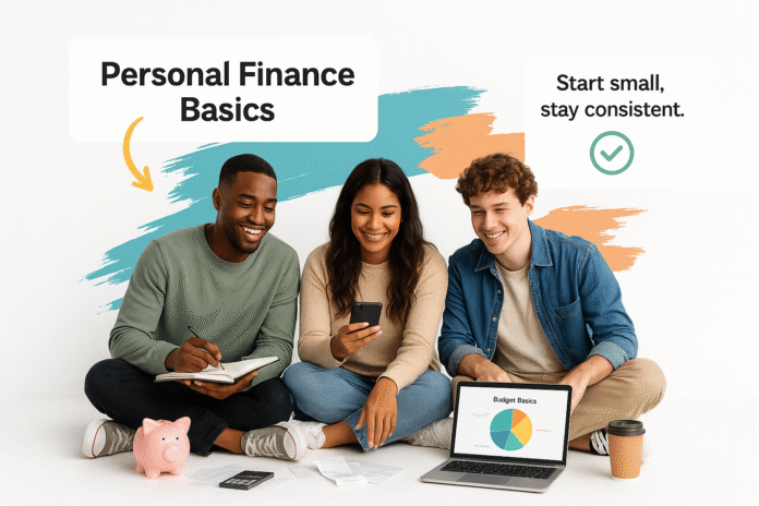 Three young adults learning personal finance basics together with notes, phone, and laptop showing a budget chart.
