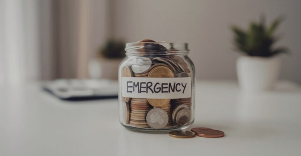 Glass jar labeled ‘Emergency Fund’ filled with cash to build an emergency fund at home