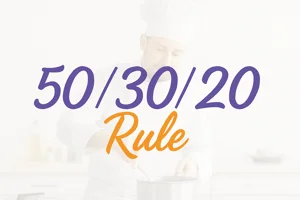 50/30/20 rule budgeting concept with chef cooking in uniform, artistic purple and orange text on white background