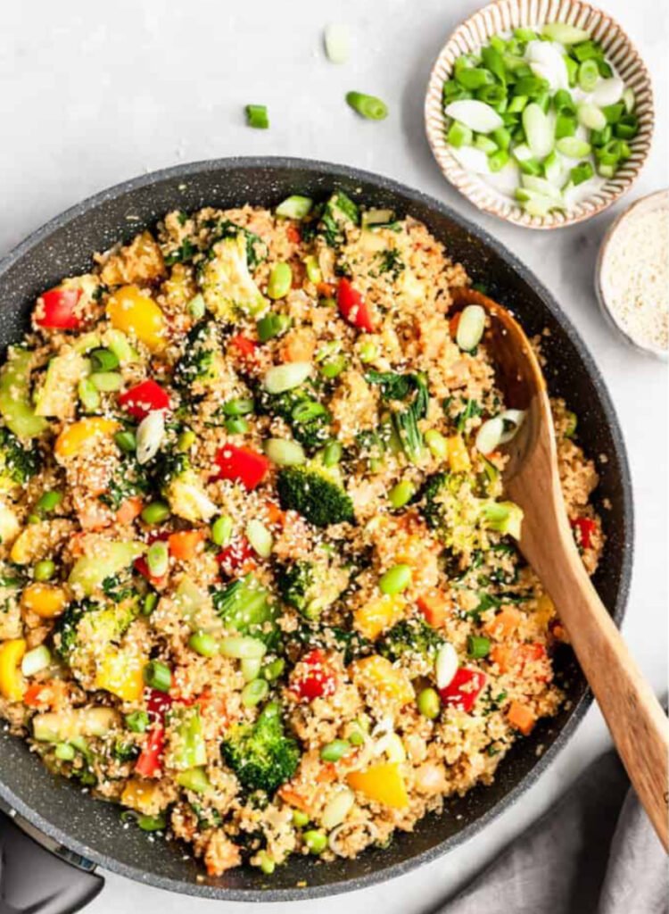 Colorful quinoa and vegetable stir-fry in one pot, healthy meal in 30 minutes