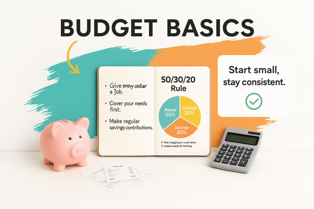 Notebook showing 50/30/20 rule budget chart with piggy bank, calculator, and receipts on desk, colorful brushstroke background