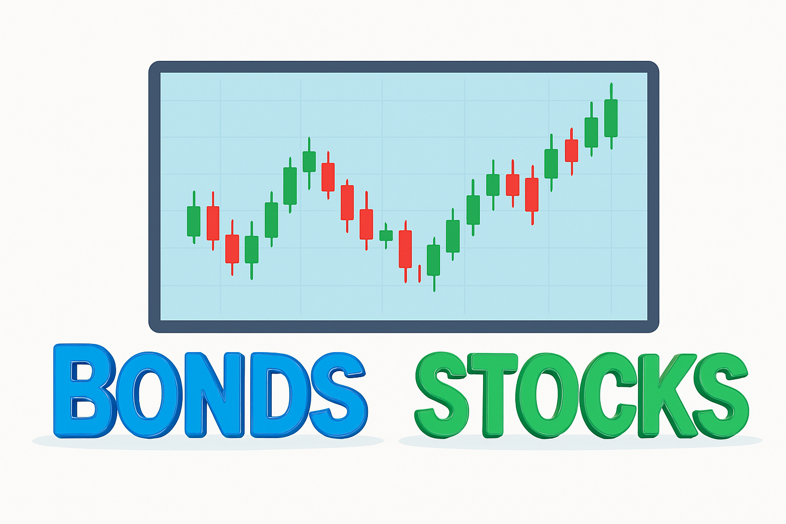 Financial chart with rising candlesticks above text showing stocks and bonds investment options