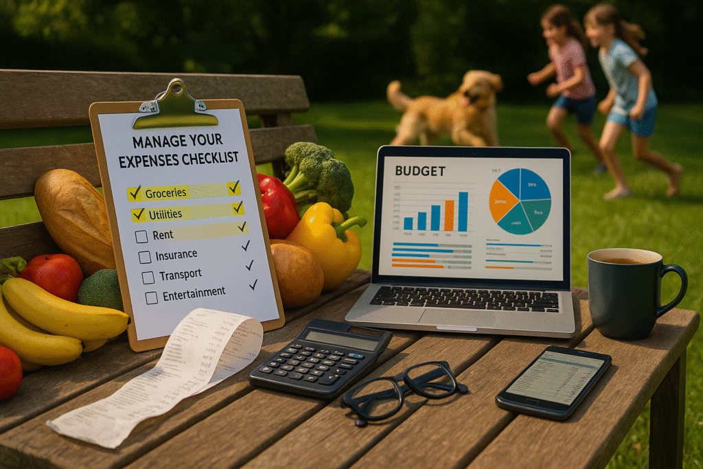 aptop budget chart and checklist on outdoor table with groceries, tools to track your expenses clearly