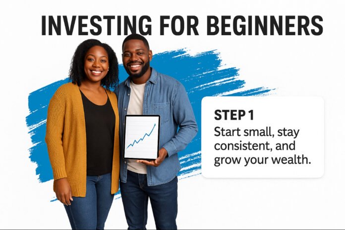 Couple holding tablet with upward graph, investing for beginners step 1.