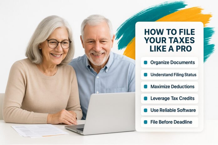 Older couple reviewing documents on how to file your taxes like a pro with retirement checklist