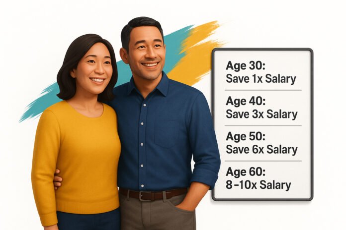 Couple in their 40s smiling on a crisp white background with retirement savings milestones by age.
