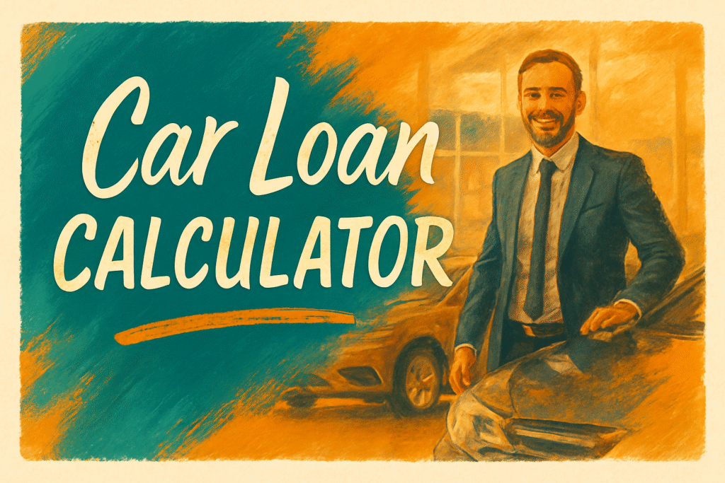 Car loan calculator graphic with teal and orange brush strokes, artistic fonts, and overlay of a car salesman at a dealership