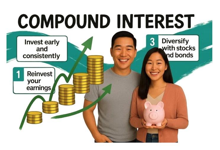 “Man and woman with piggy bank and financial plan showing compound interest growth steps”