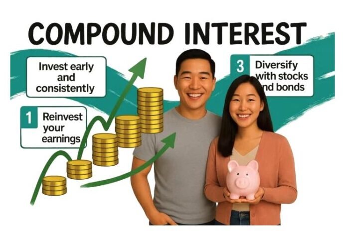 Smiling couple with piggy bank showing steps to grow wealth through compound interest