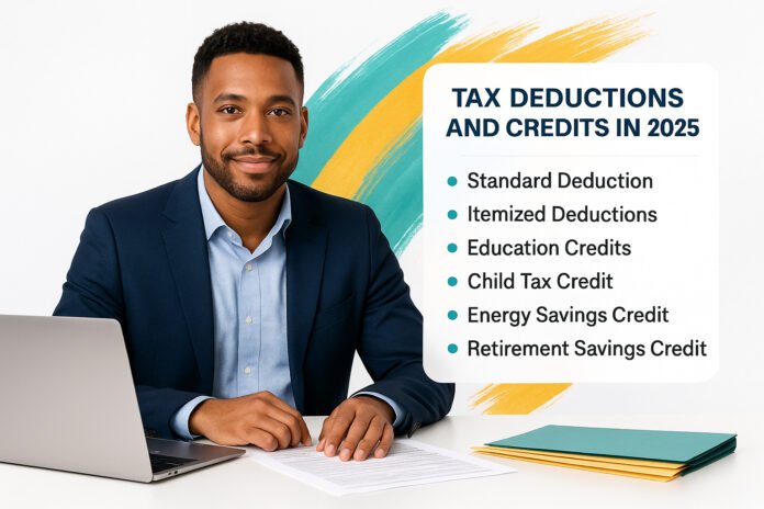 Professional at desk with checklist for understanding tax deductions and credits in 2025