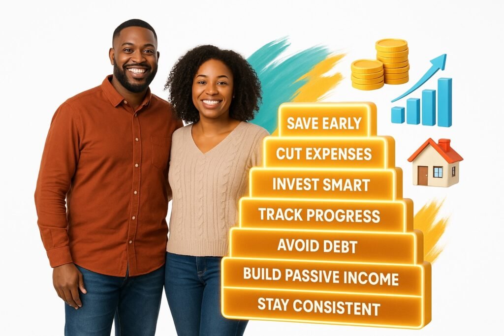 African American couple smiling beside FIRE financial steps on white background with coins, chart, and house icons.