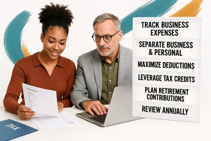 Tax Planning for Freelancers and Entrepreneurs with key strategies at a modern white desk