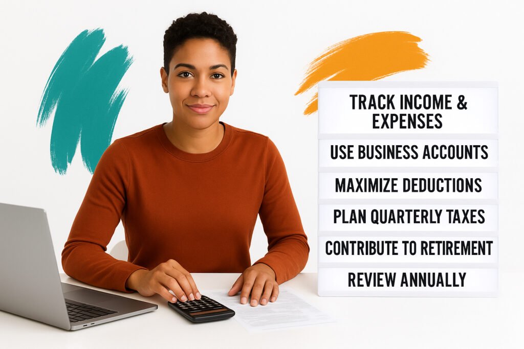 Confident freelancer using calculator for Tax Planning for Freelancers and Entrepreneurs