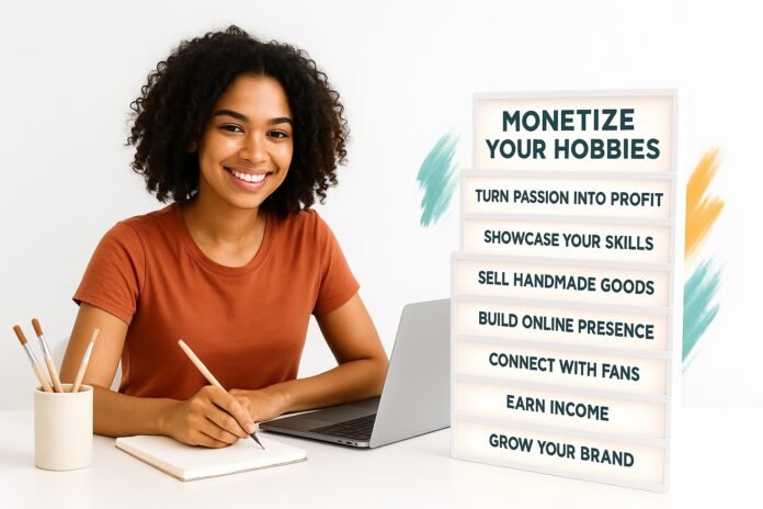 Young woman at pure white desk with laptop, paintbrushes, and glowing steps to monetize your hobbies.