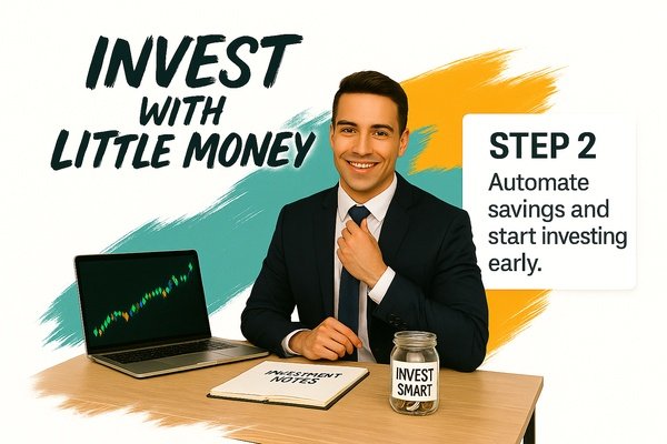 Young professional man in a suit at desk with laptop, investment notes, and jar labeled Invest Smart for financial planning