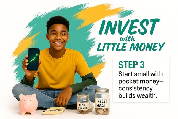 Smiling teenager holding smartphone with stock chart, sitting with piggy bank, investment notebook, and jar labeled Invest Small