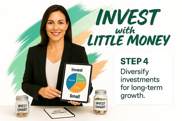 Smiling teenager holding smartphone with stock chart, sitting with piggy bank, investment notebook, and jar labeled Invest Small