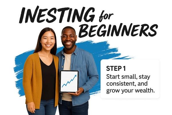 Investing for beginners graphic with African American man and Asian woman holding tablet showing rising stock chart.
