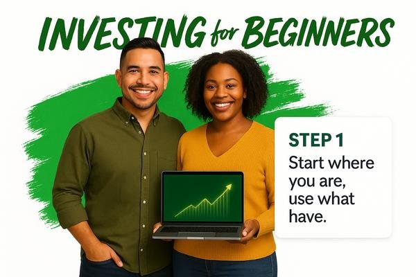Investing for beginners graphic with Latino man and Black woman holding laptop showing green growth chart