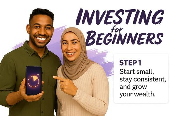 Investing for beginners graphic with Middle Eastern couple holding smartphone showing pie chart, diversify and dream big.