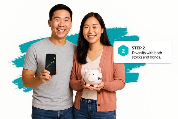 “Investing for beginners couple with phone and piggy bank, diversify smartly with both stocks and bonds.”