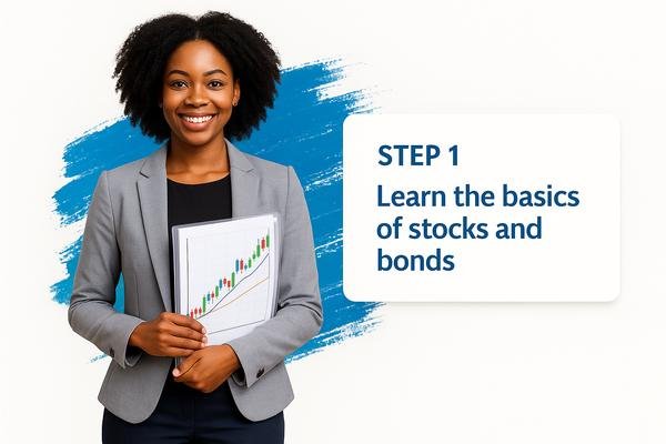 “Investing for beginners couple with laptop pie chart, balance risk with bonds and growth with stocks.”