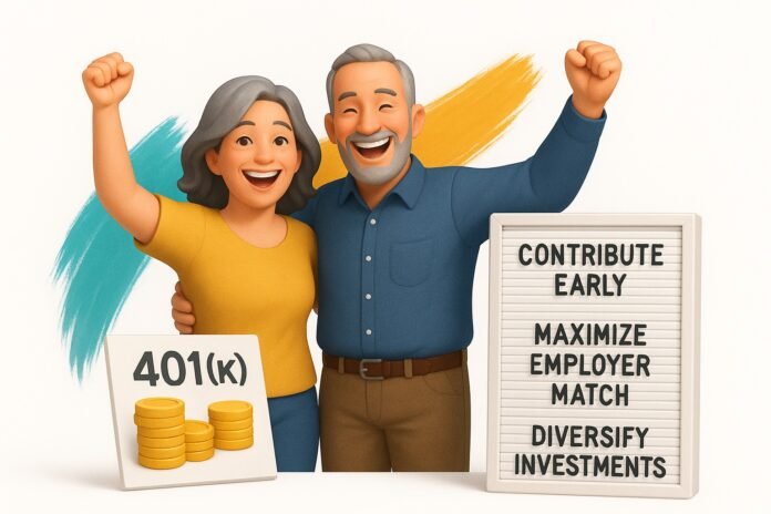 Alt text: Happy couple celebrating retirement with 401(k) and IRA tips on a crisp white background.