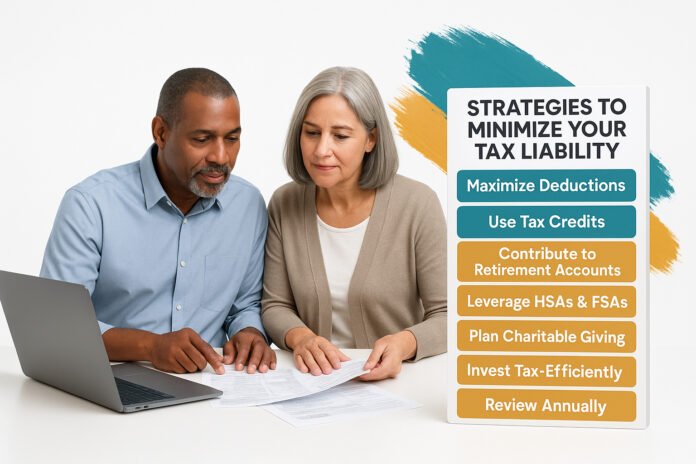 Couple reviewing documents with chart showing strategies to minimize your tax liability in 2025.