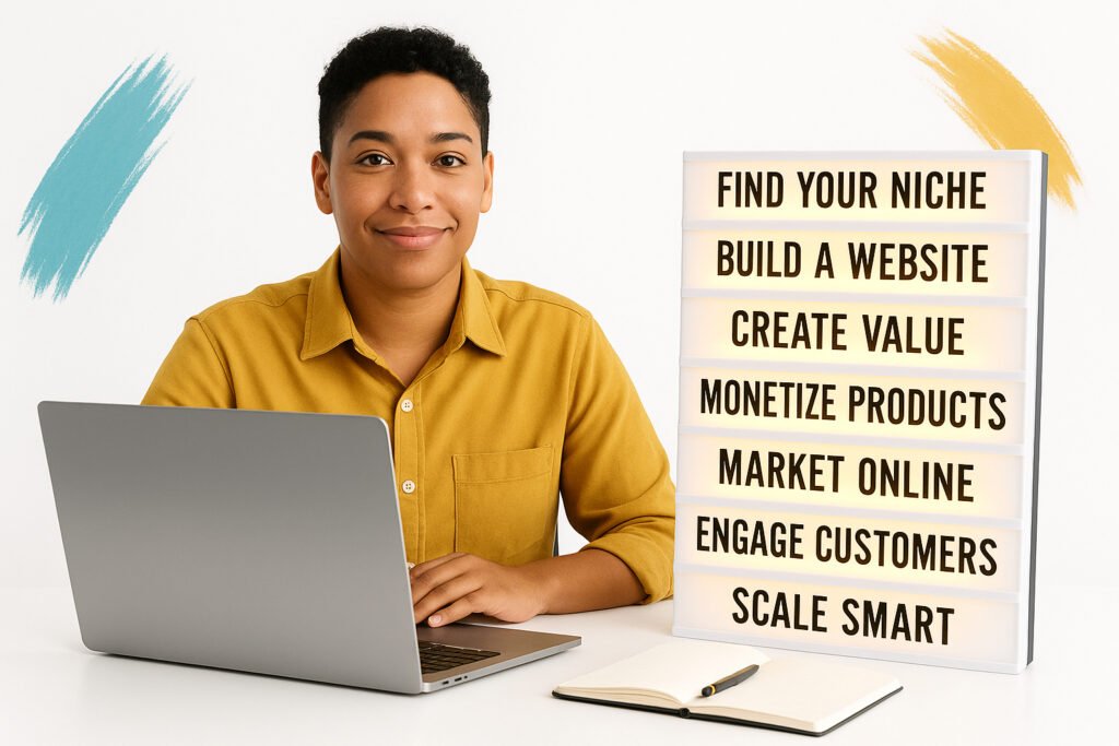 Confident young entrepreneur at white desk with laptop and glowing steps for creating an online business.
