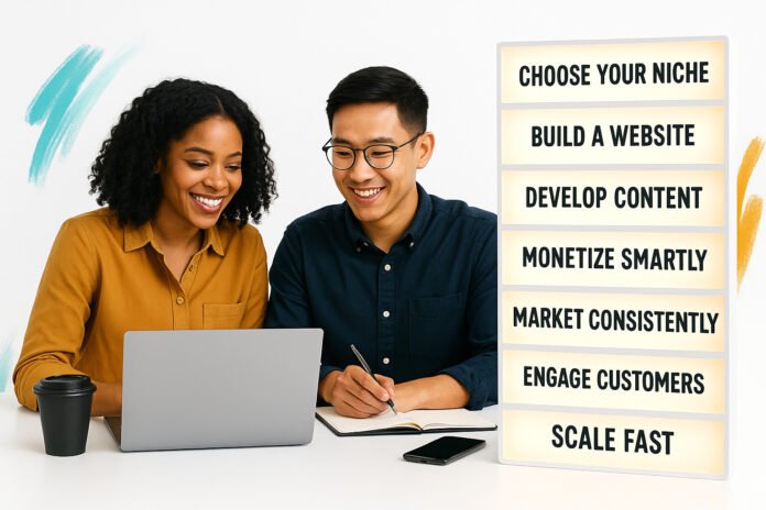 Two diverse entrepreneurs working together at a white desk with laptops and glowing steps for creating an online business.