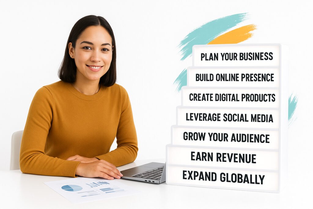 Young woman at pure white desk with laptop and charts beside glowing steps for creating an online business.