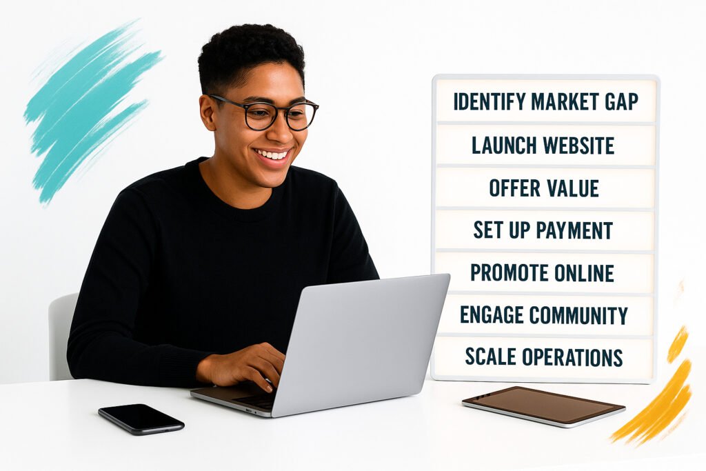 Entrepreneur at pure white desk with laptop, phone, tablet, and glowing steps for creating an online business.