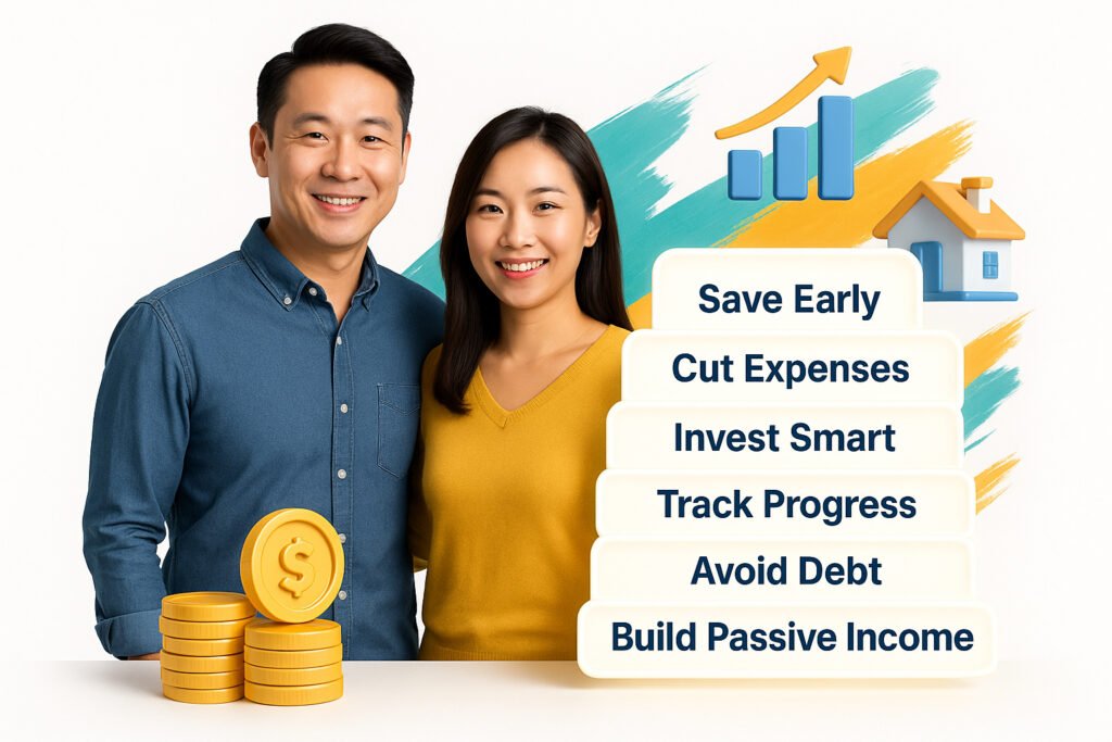 Asian couple with glowing step-style box showing Building Multiple Income Streams strategies