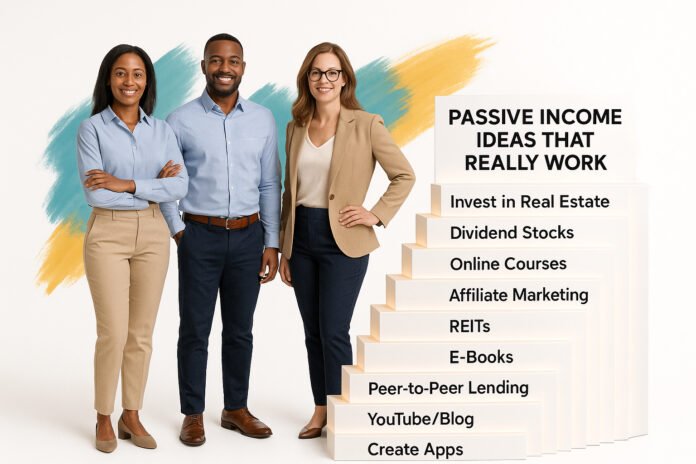 Diverse professionals discussing passive income ideas that really work at a modern white desk.