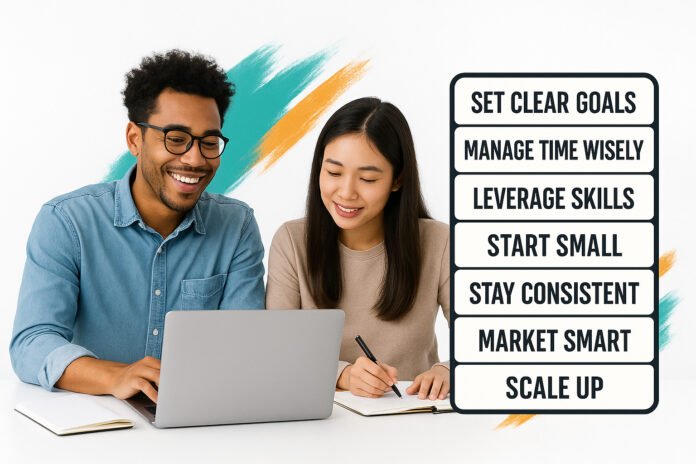 Two diverse entrepreneurs collaborating at laptop, symbolizing how to start a side hustle while working full time.