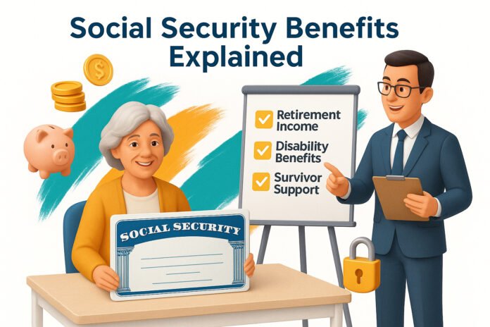 3D illustration of seniors with card, coins, piggy bank, and shield icons highlighting social security benefits.