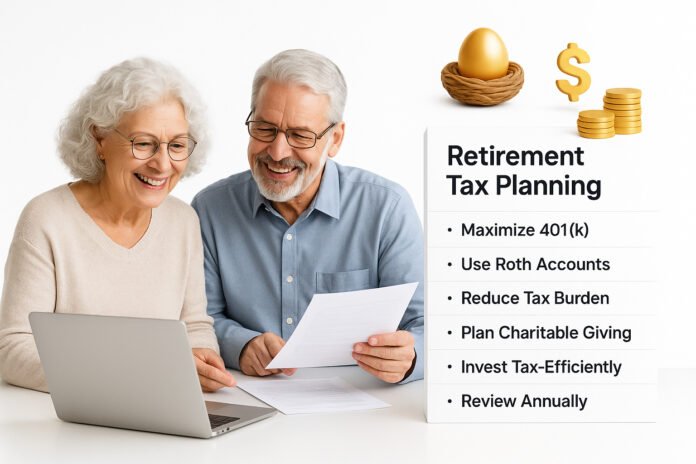 Older couple reviewing retirement tax planning documents on laptop with step-style checklist on white background.
