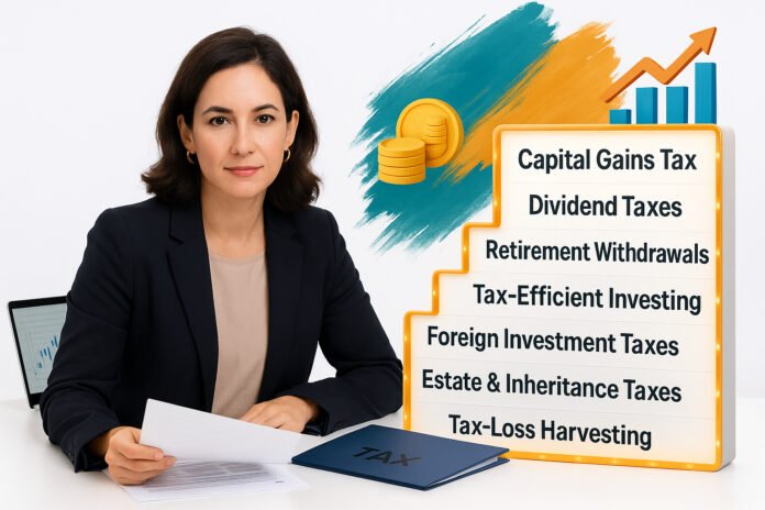Confident businesswoman reviewing documents with chart and step-style box on the impact of taxes on investment income